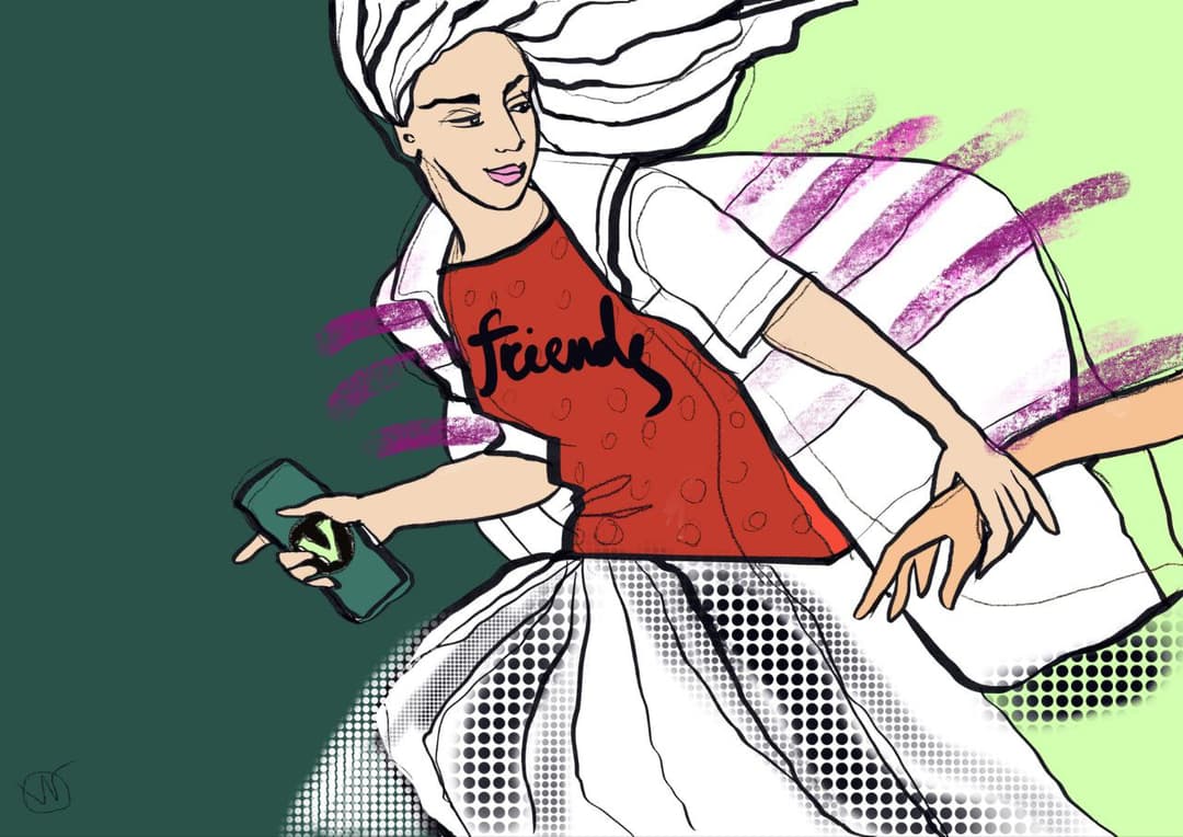 Иллюстрация девушки в красной футболке Friends, тащущей кого-то за руку
